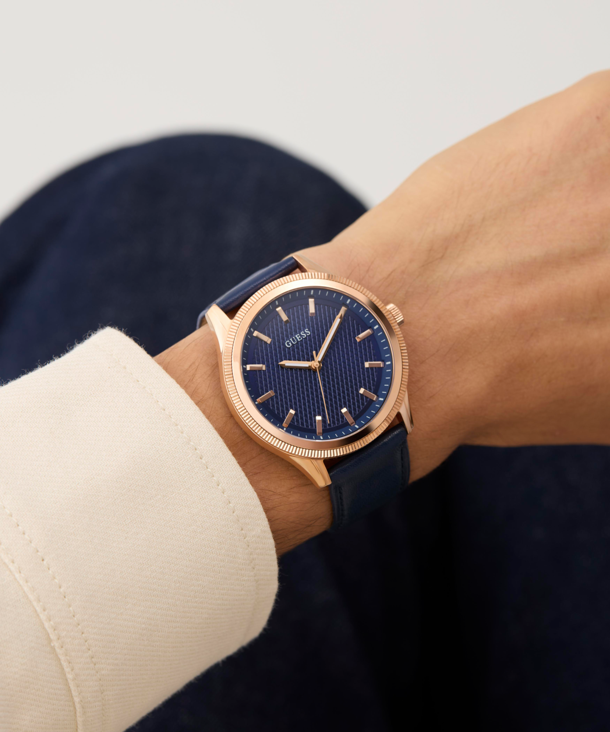 GUESS Mens Navy Rose Gold Tone Analog Watch