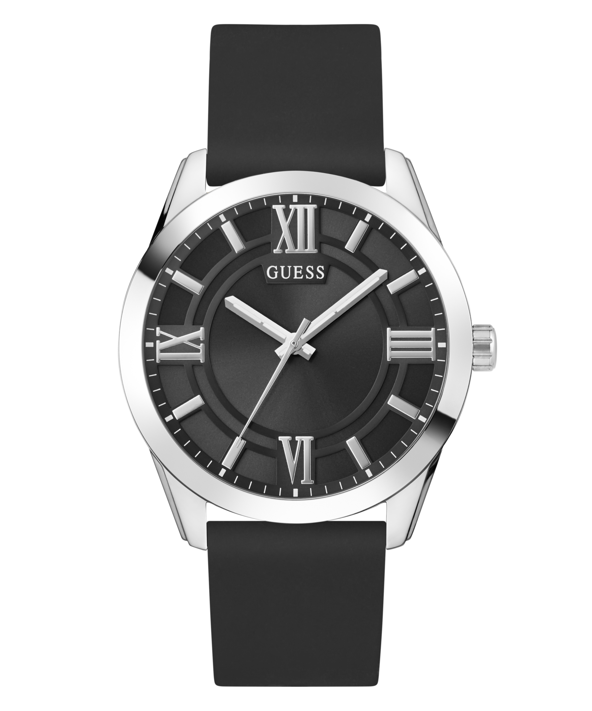 GUESS Mens Black Silver Tone Analog Watch