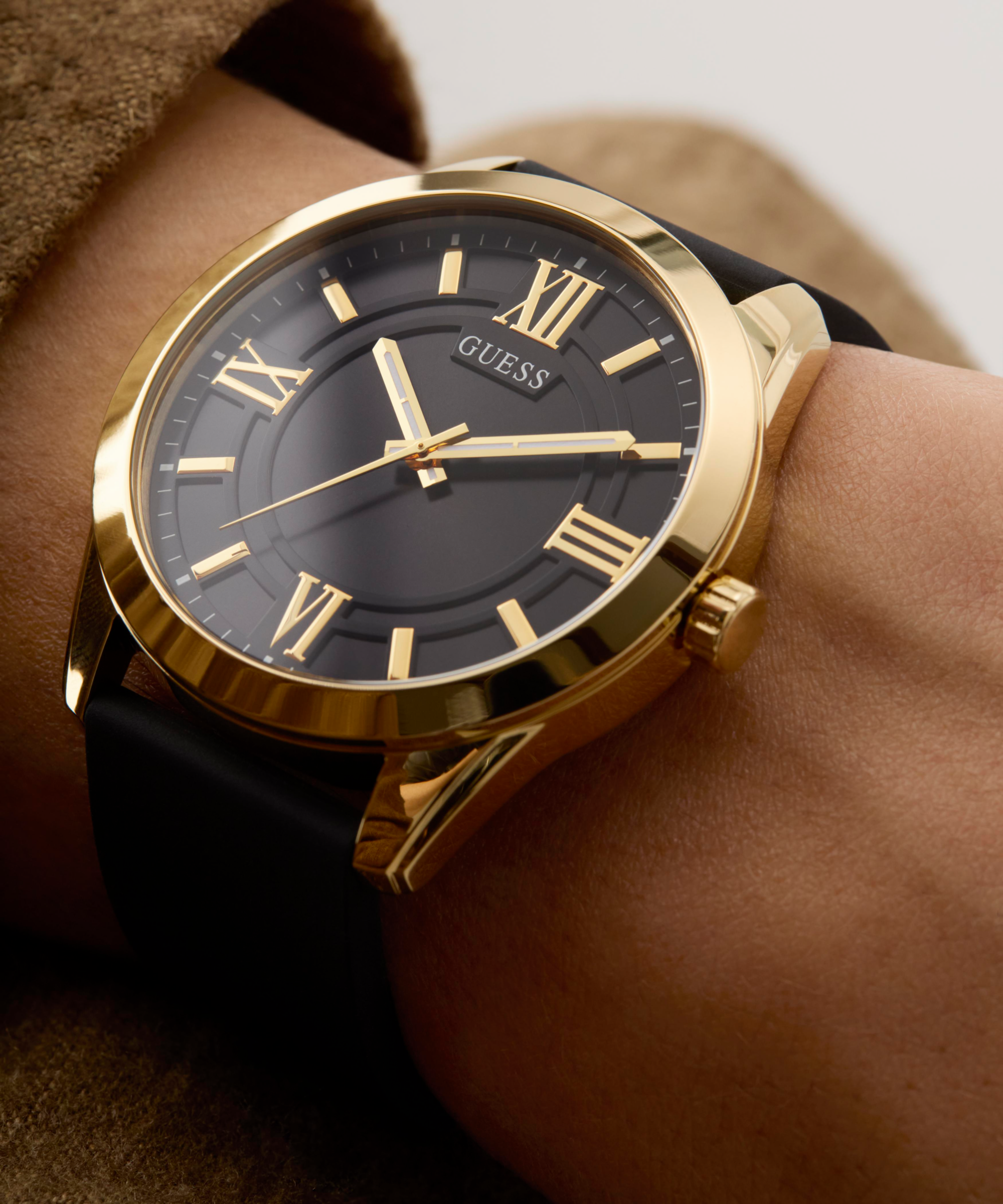 GUESS Mens Black Gold Tone Analog Watch