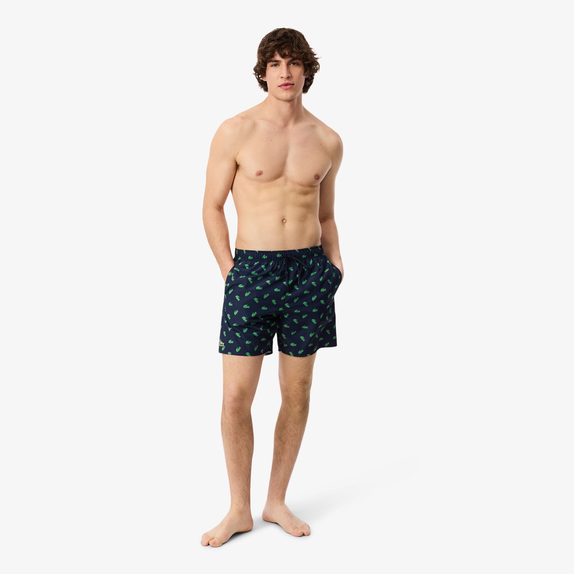 LACOSTE Mid Length Crocodile Print Swim Trunks