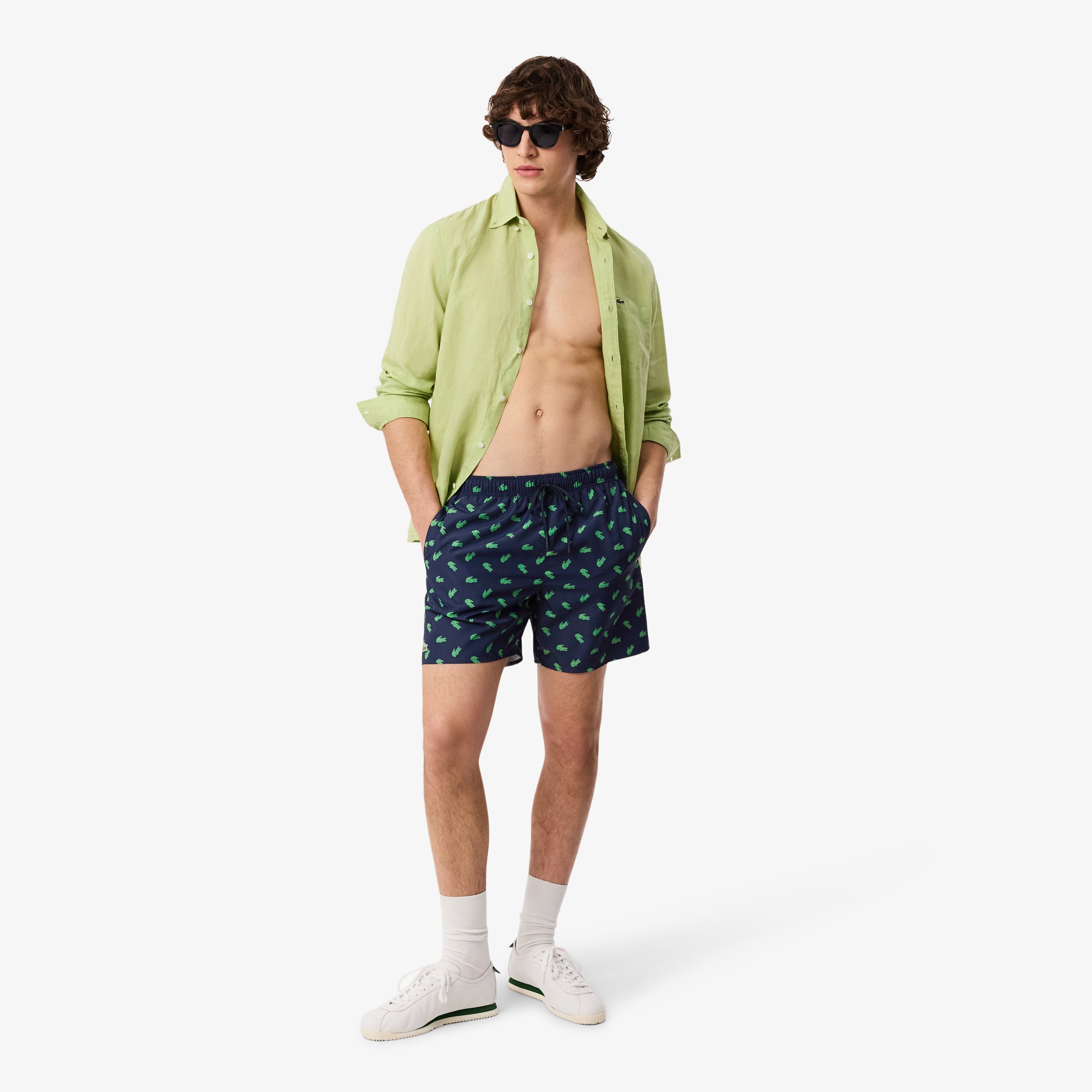 LACOSTE Mid Length Crocodile Print Swim Trunks