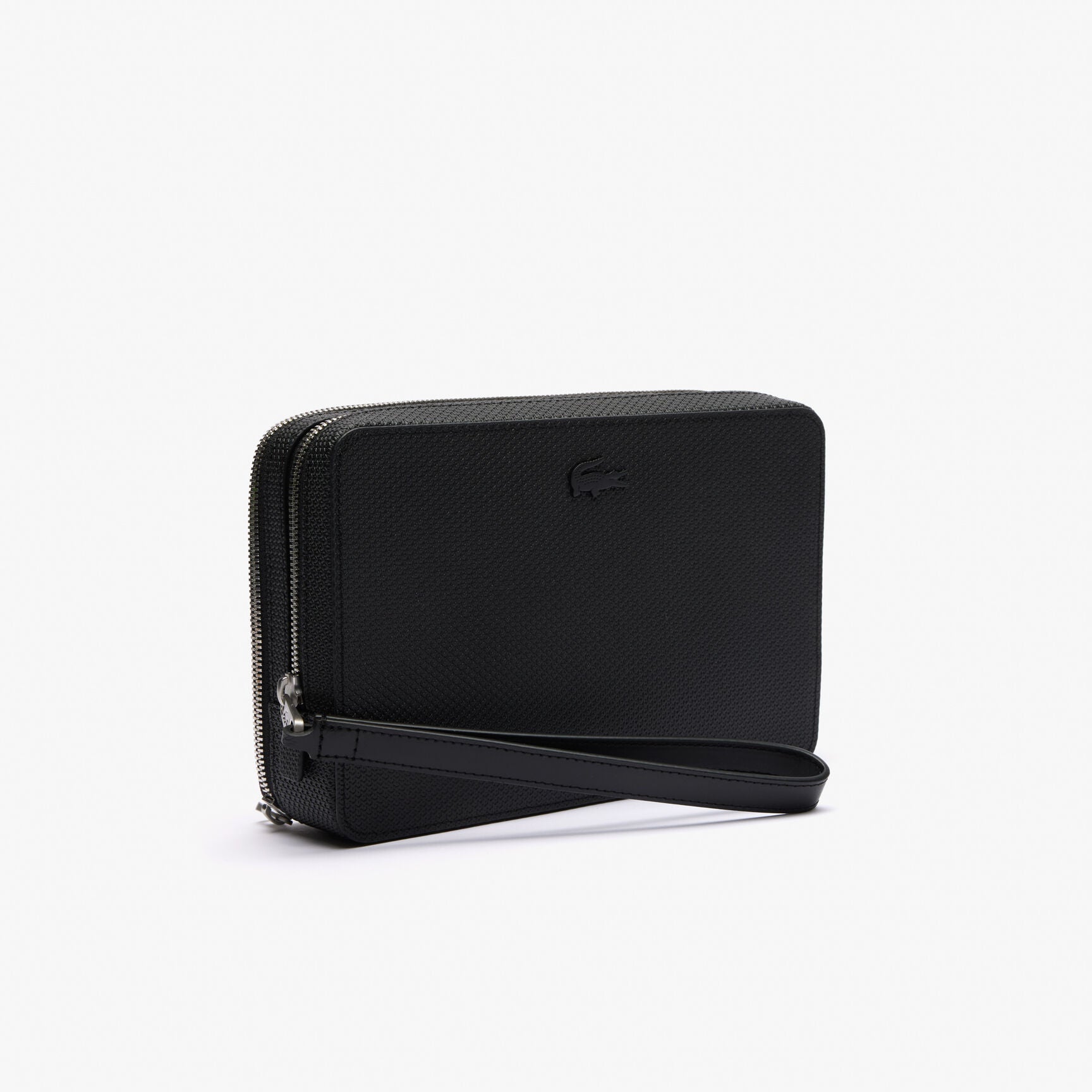Black clutch bag with a strap on a white background