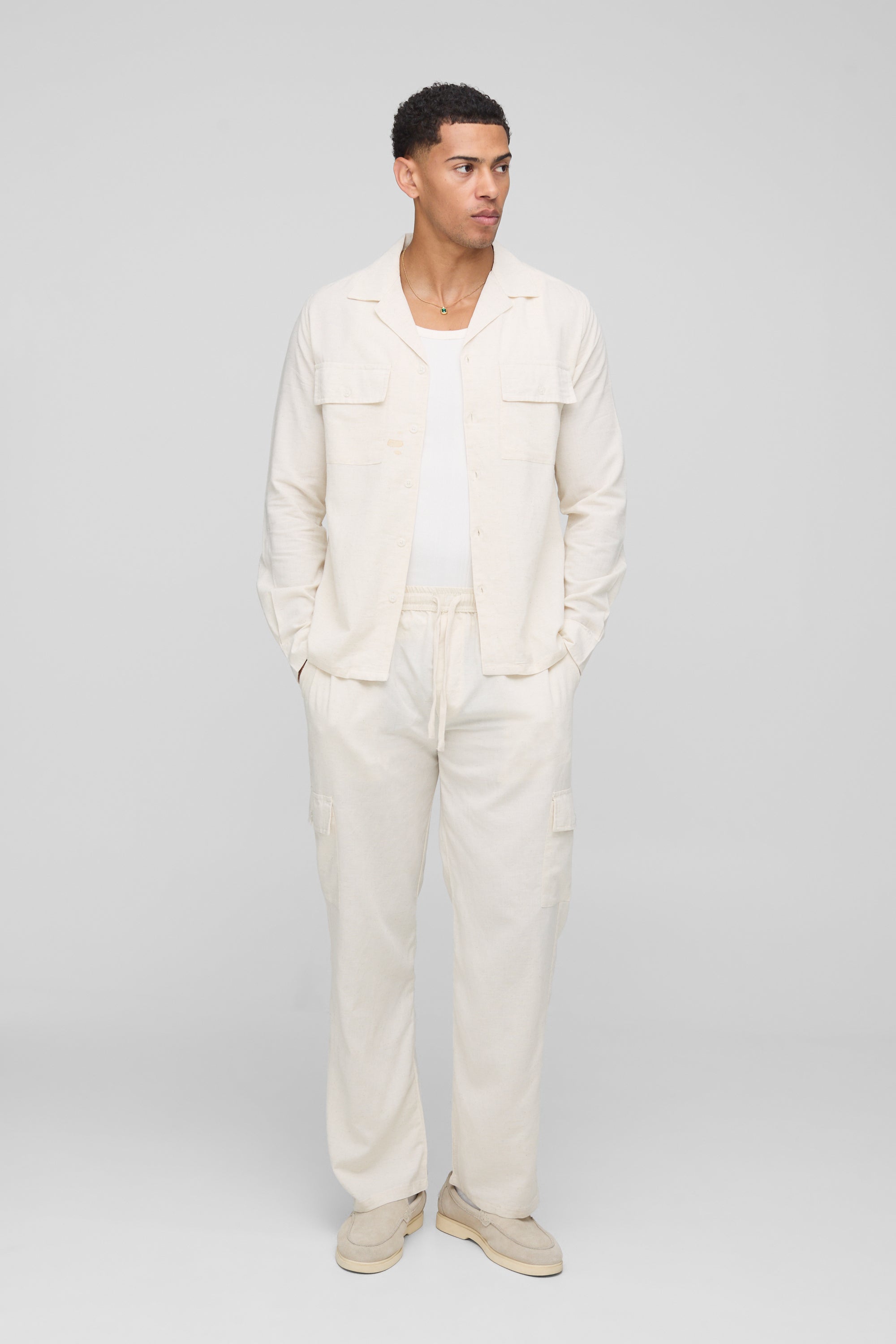 BOOHOOMAN Long Sleeve Linen Blend Cargo Shirt & Trouser
