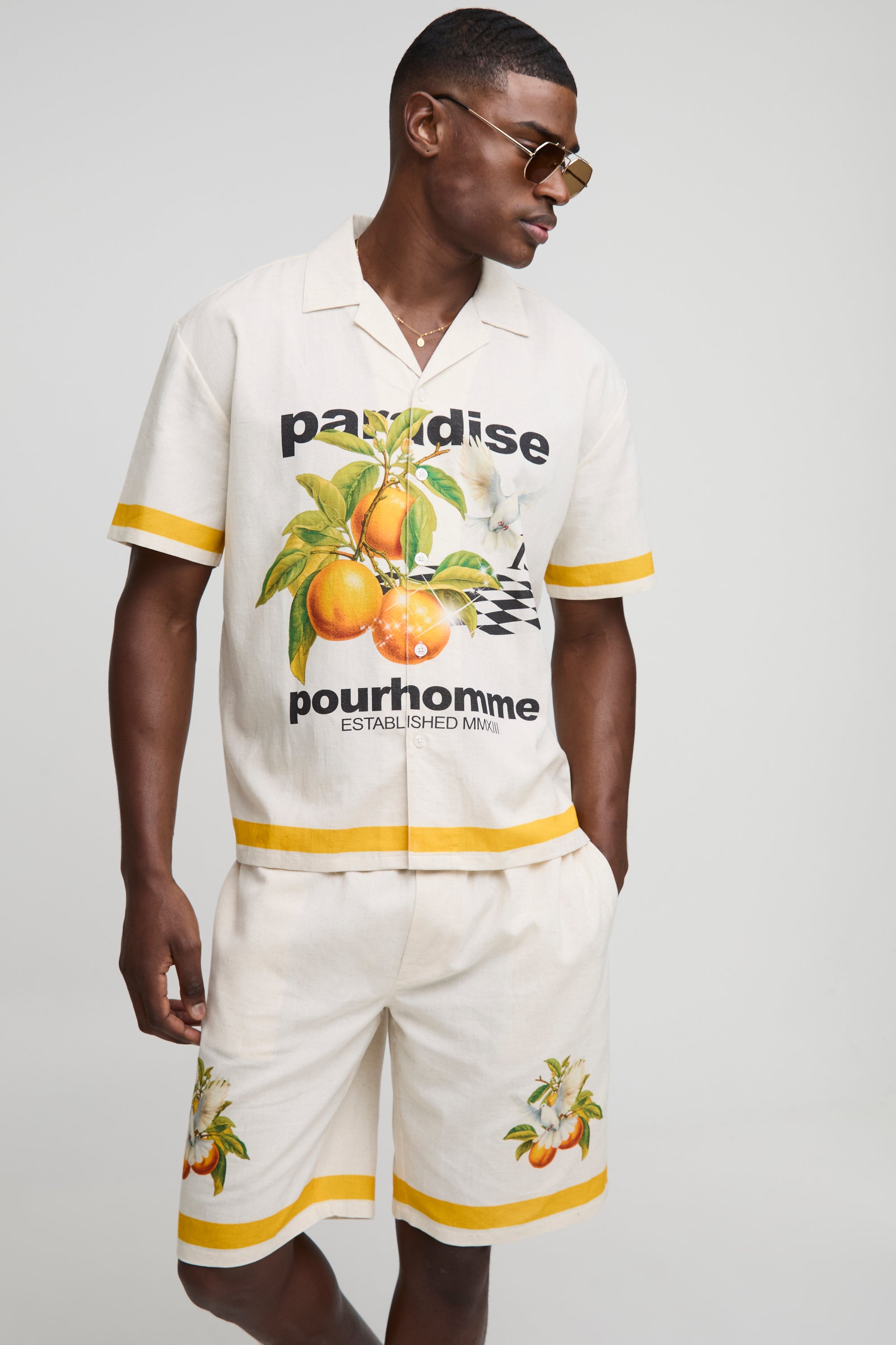 BOOHOOMAN Oversized Paradise Linen Blend Shirt & Short Set