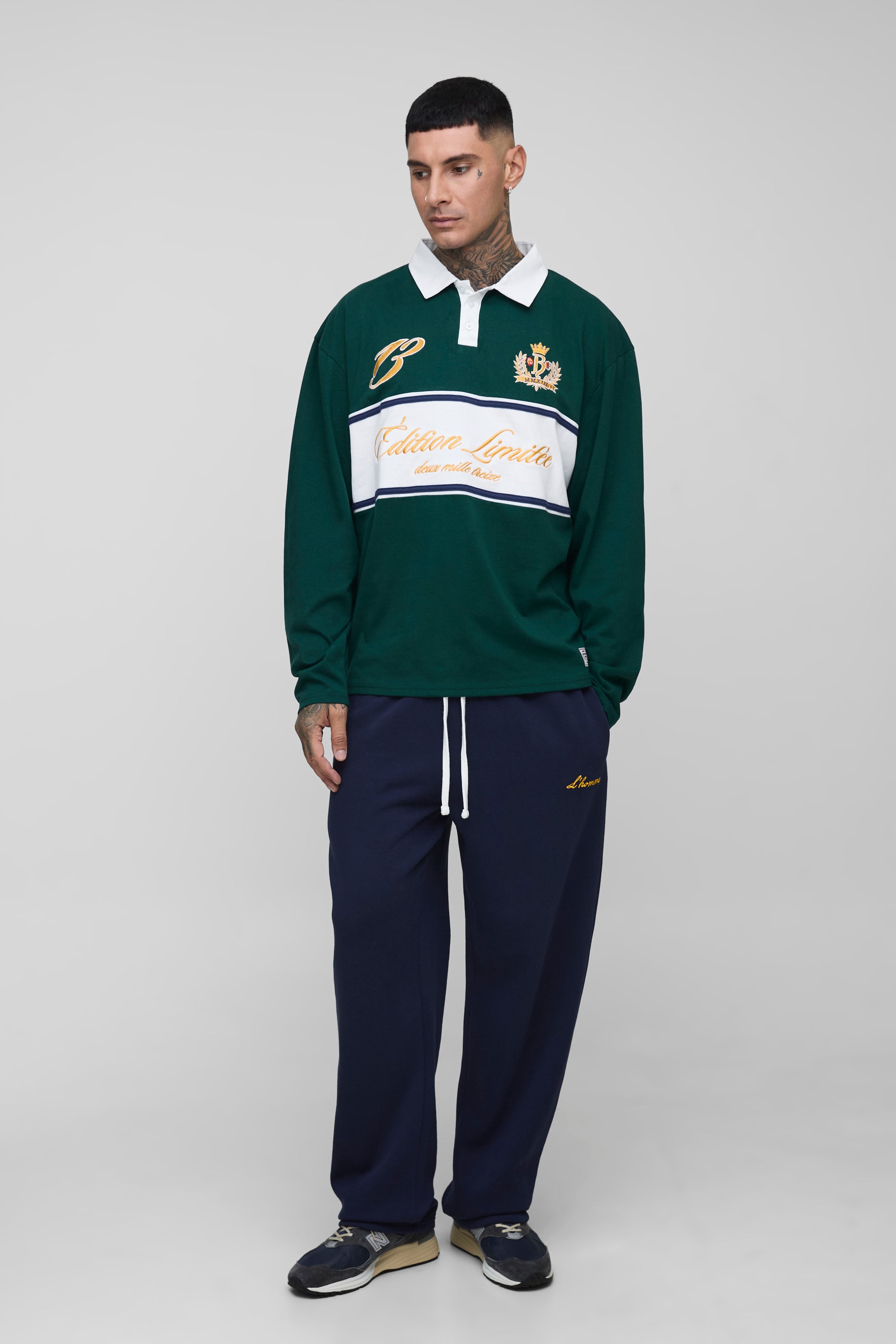BOOHOOMAN Tall Oversized Varsity Embroidered Rugby Polo