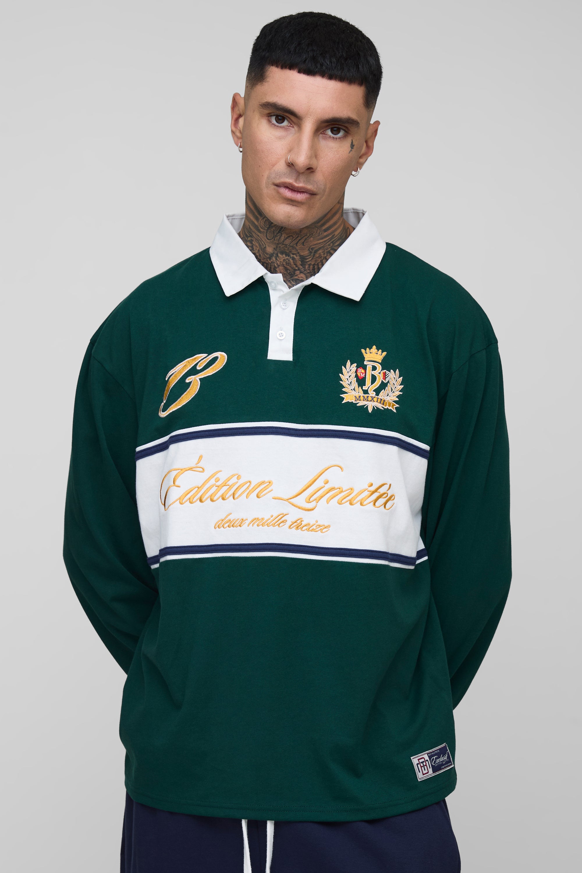 BOOHOOMAN Tall Oversized Varsity Embroidered Rugby Polo