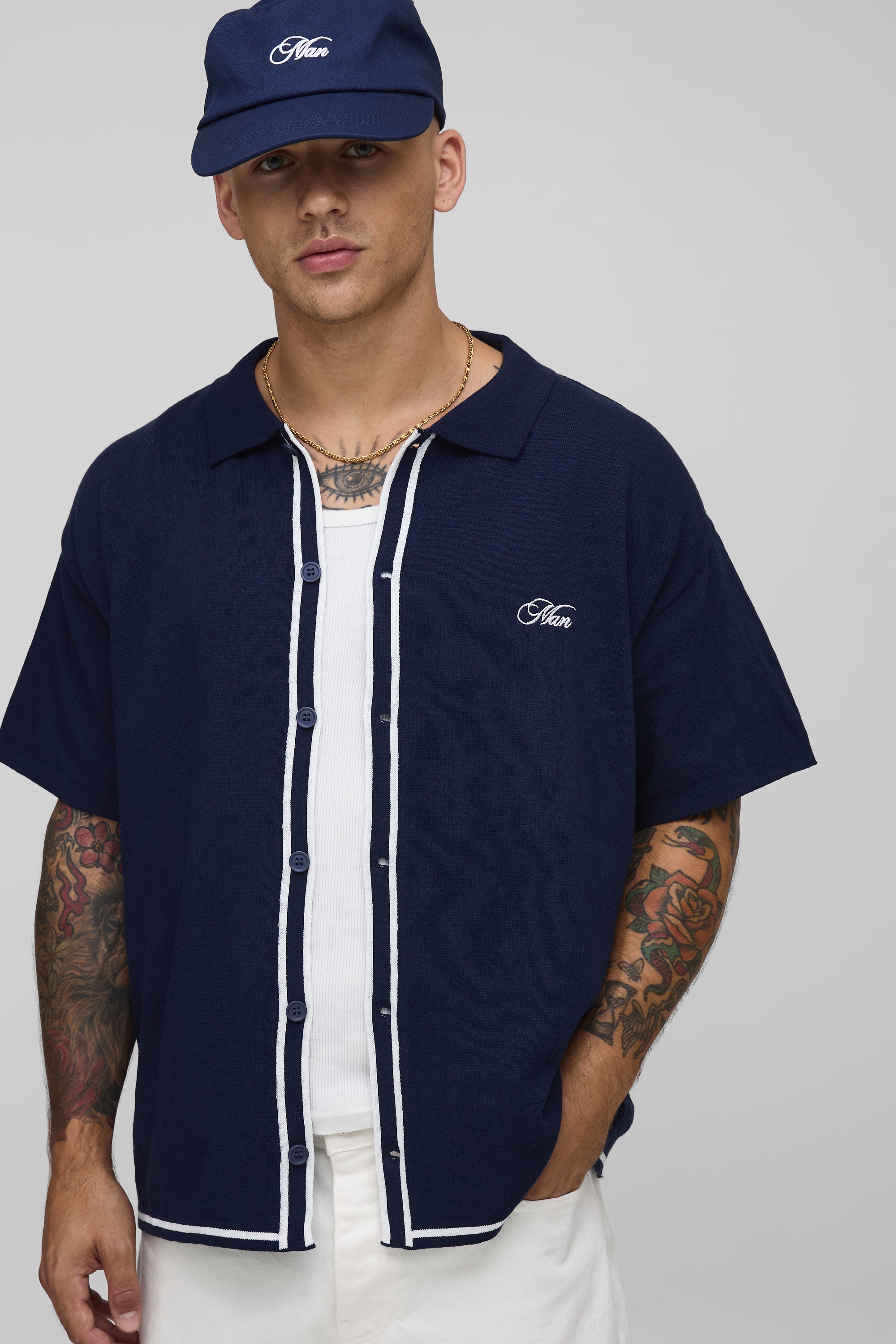 BOOHOOMAN Man Embroided Boxy Fit Border Knitted Shirt