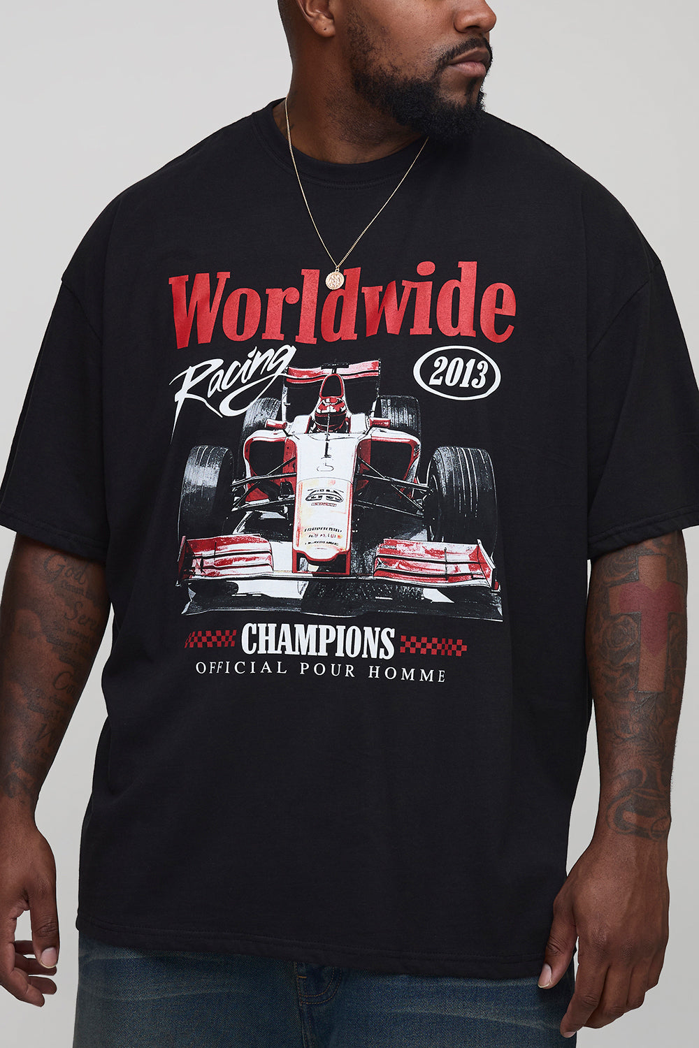 BOOHOOMAN Plus Oversized Worldwide Racing Print T-Shirt