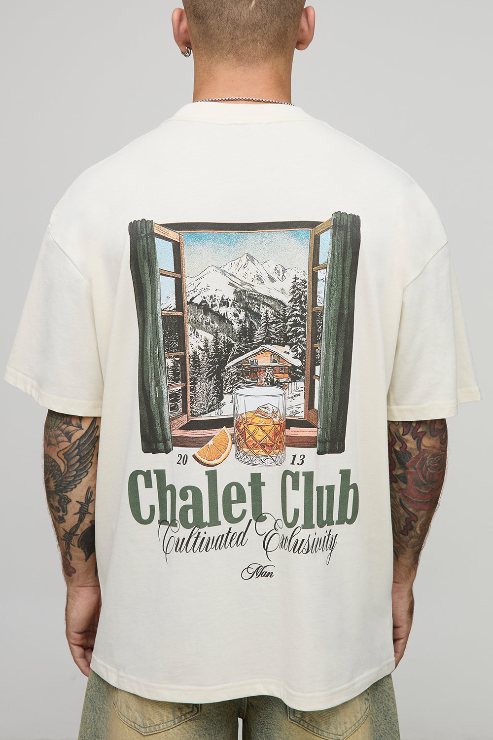 BOOHOOMAN Ecru Oversized Extended Neck Chalet Mountain Alps Landscape T-Shirt