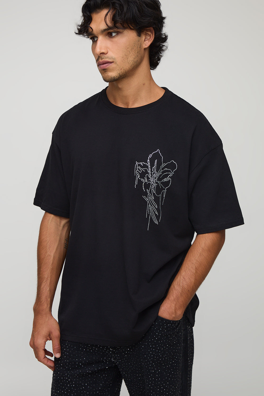 BOOHOOMAN Black Oversized Floral Rhinestone T-Shirt