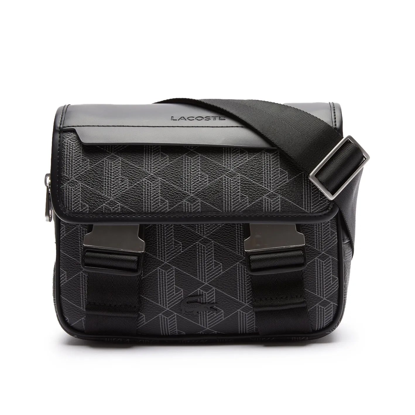 Black and gray geometric patterned bag with 'Lacoste' branding on a white background