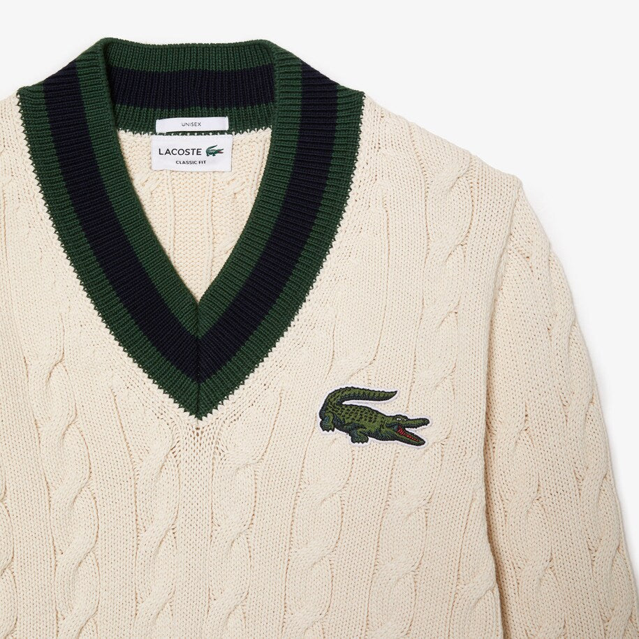 Unisex Lacoste V-Neck Cable Knit Sweater in Organic Cotton
